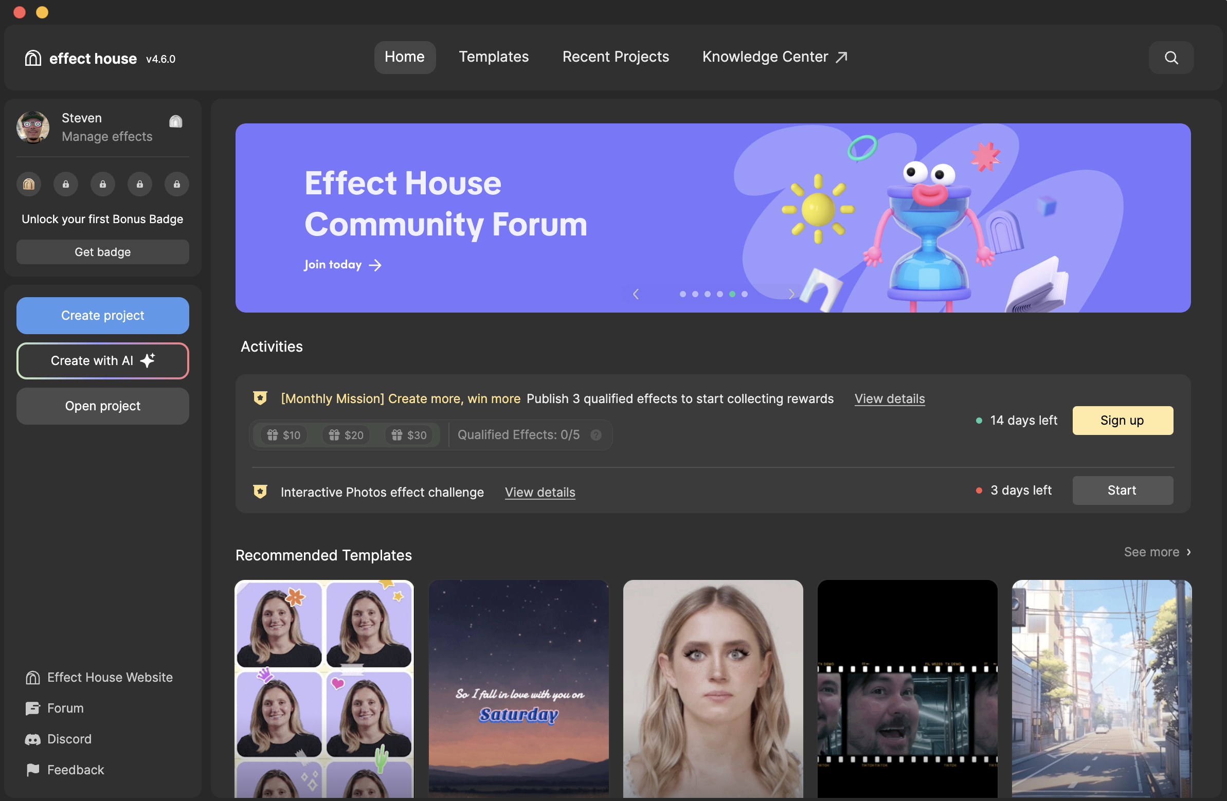 home screen interface in effect house